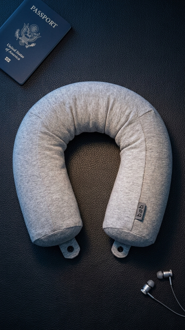 The memory-foam neck pillow in light grey, styled with a passport and earbuds