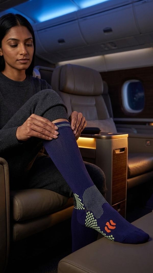 A woman putting on a compression sock in a warmly lit airplane cabin