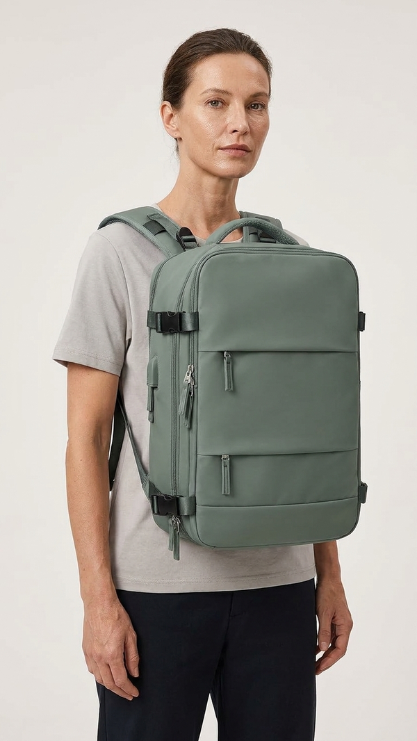 A woman wearing a large travel holdall in sage green, front view