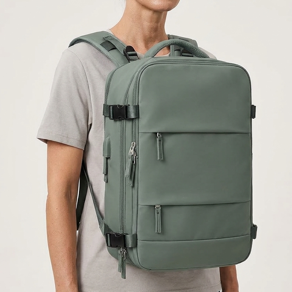 A woman wearing a light gray t-shirt and dark pants models a sage green backpack with multiple zippered compartments and top handles against a plain light gray background.