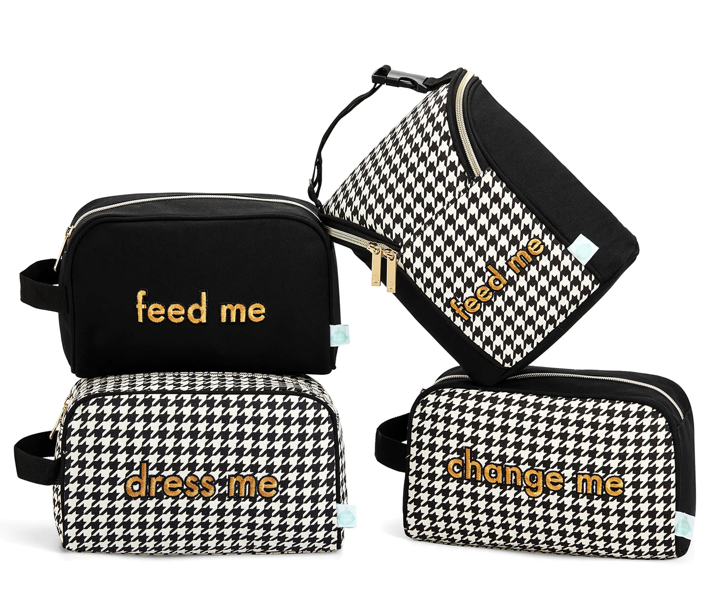 Easy Baby - Diaper Bottle and Supplies - Organizer Pouches - Change Feed and Dress Me (4 Pack Houndstooth) | Organizing Packing Tote Cubes for Baby Items | Good for Travel and Keeping Organized