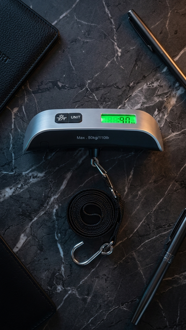 The digital luggage scale resting on a dark marble surface beside a wallet and phone