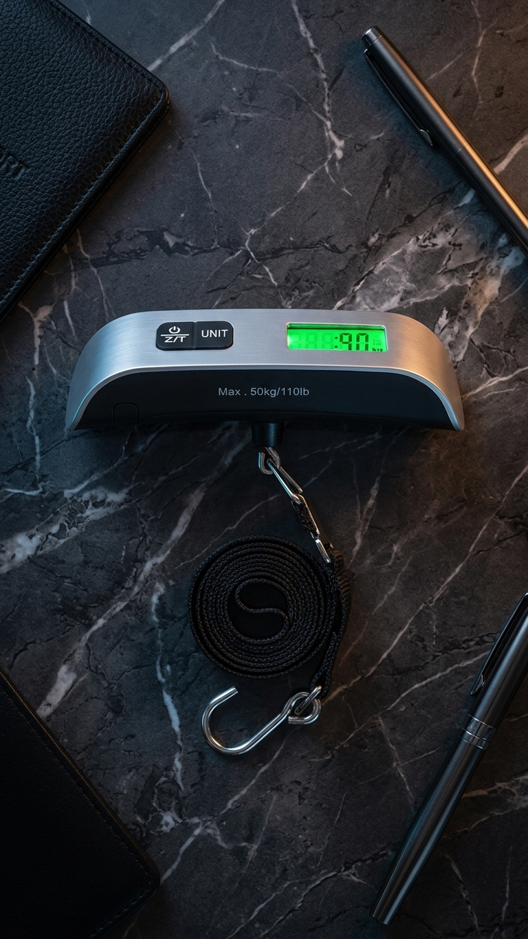 The digital luggage scale resting on a dark marble surface beside a wallet and phone