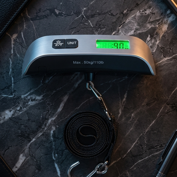 A digital pocket scale with a black strap and silver metal hook, resting on a dark marble surface with a pen, wallet, and phone nearby.