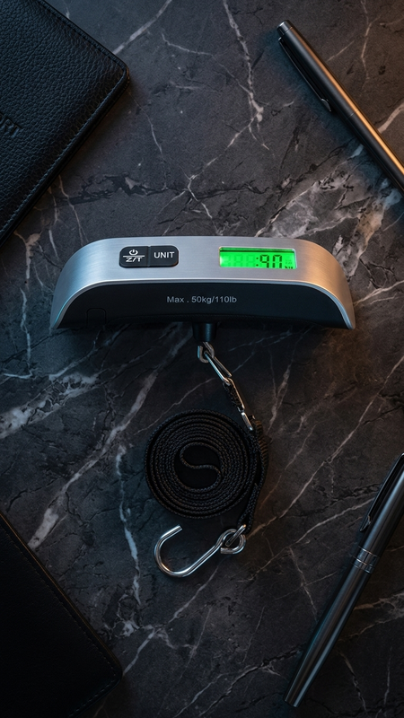 A digital pocket scale with a black strap and silver metal hook, resting on a dark marble surface with a pen, wallet, and phone nearby.