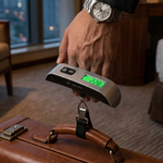 A close-up of a person's hand holding a digital luggage scale over a brown leather suitcase in a hotel room setting.