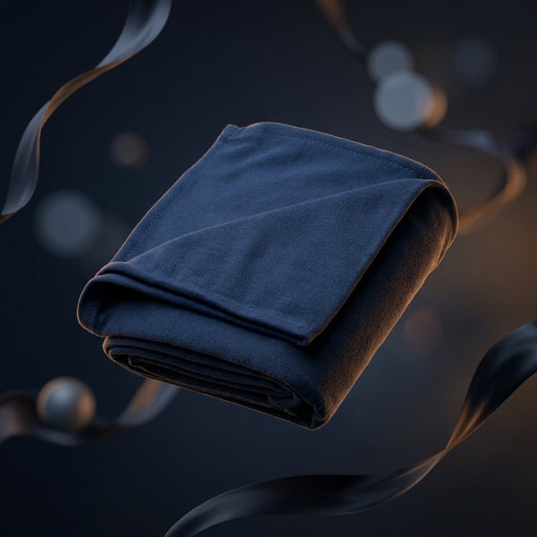 A folded dark navy blue fabric item, likely a blanket or throw, shown floating against a dark background with soft glowing bokeh lights and flowing ribbon-like strands.