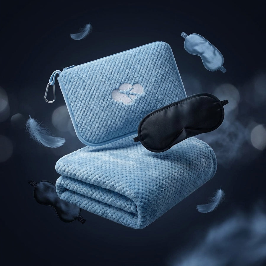 A light blue textured zippered pouch with a white cloud logo, a folded matching light blue blanket, and two black sleep masks floating against a dark blue background with soft feather and mist effects.