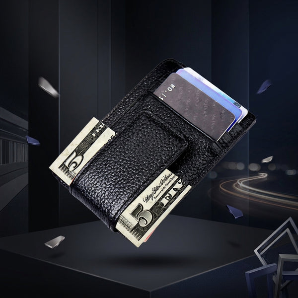 A black textured leather card holder wallet with a built-in money clip holding U.S.
