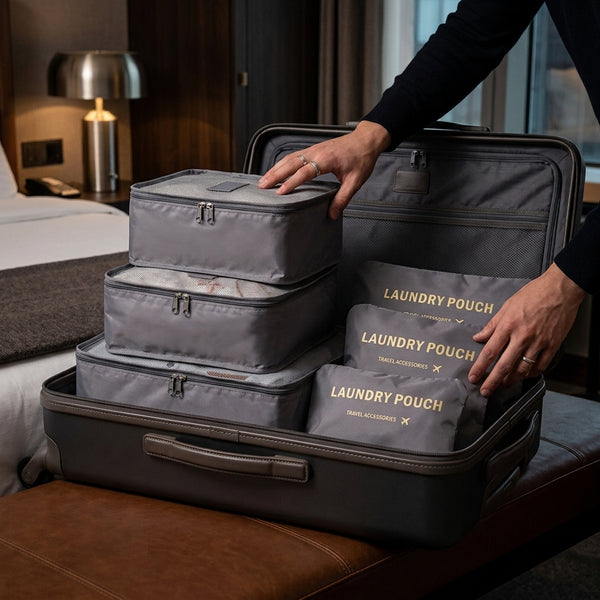 Gray fabric travel packing cubes labeled LAUNDRY POUCH and TENS ACCENTS, shown inside an open suitcase on a bed in a hotel room.