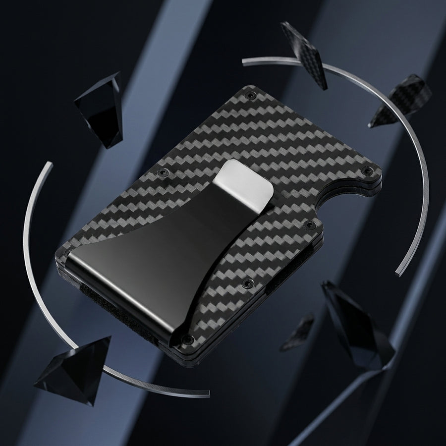 The carbon-fibre RFID wallet with its metal clip, studio photograph