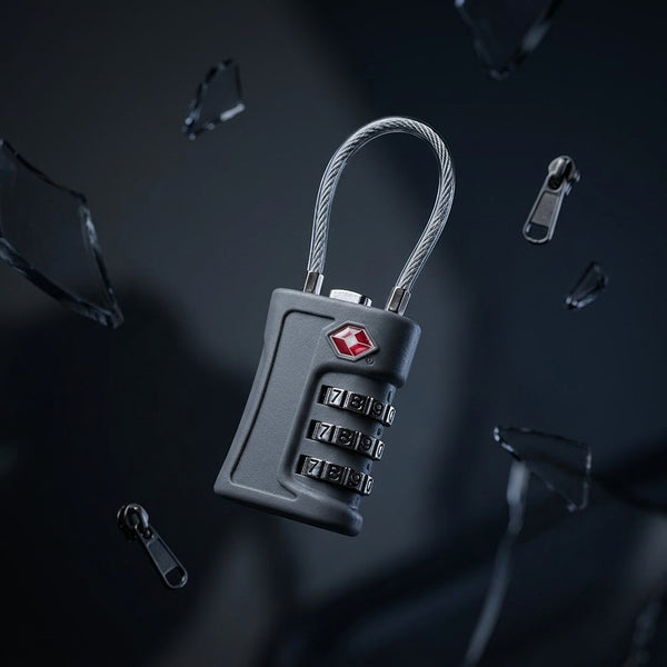 The TSA-approved suitcase lock with its cable, studio photograph