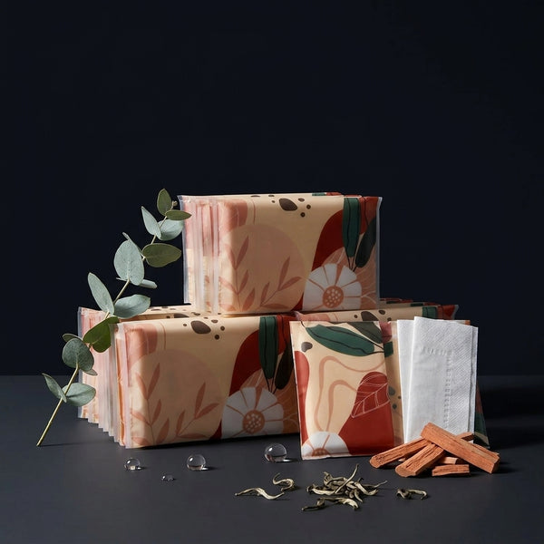 Pocket travel tissue packs styled with eucalyptus and botanicals