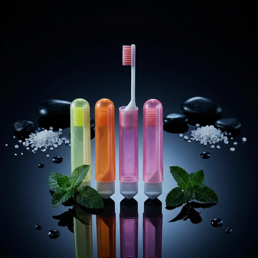 Four folding travel toothbrushes in pastel cases with one brush upright