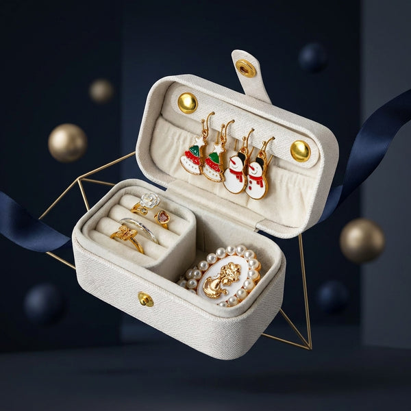 The jewellery case open with rings and earrings inside