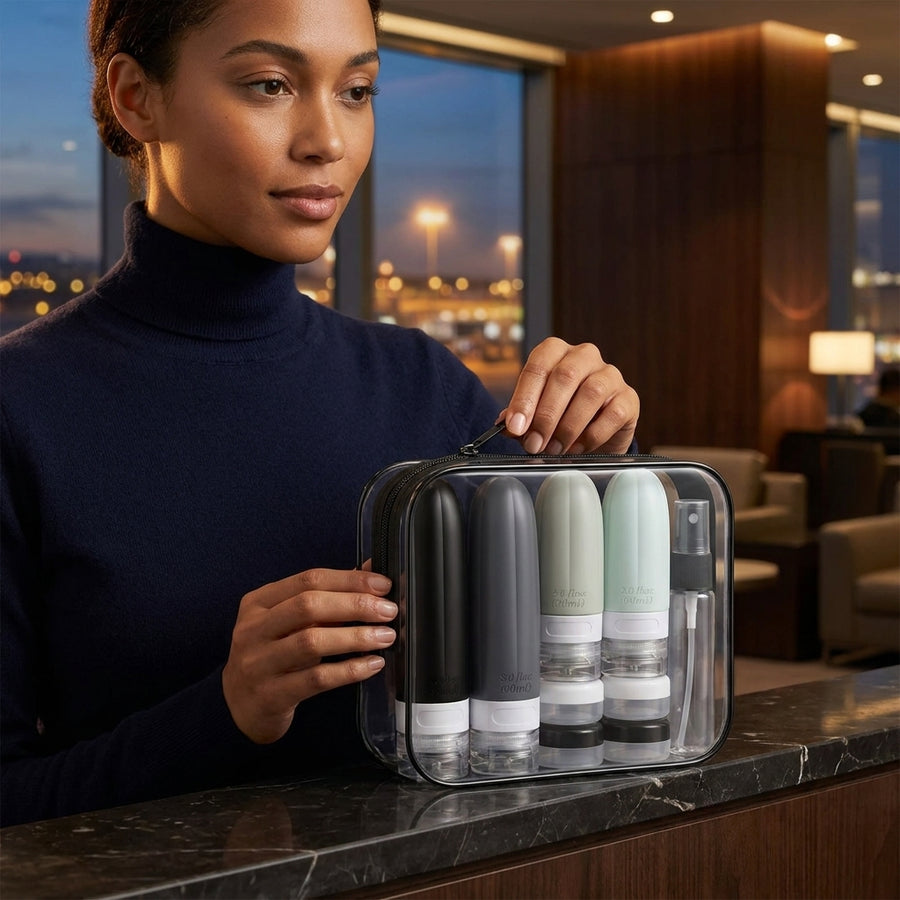 A woman holding a leakproof travel bottle set in its clear case