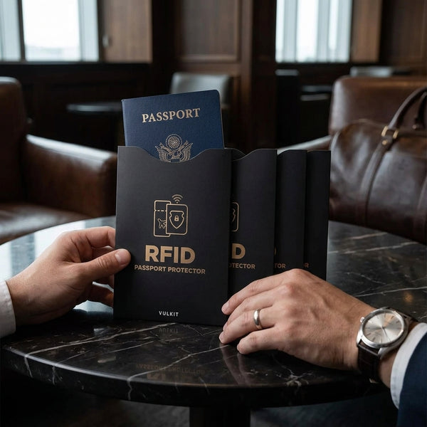A traveller holding an RFID passport sleeve with a passport inserted