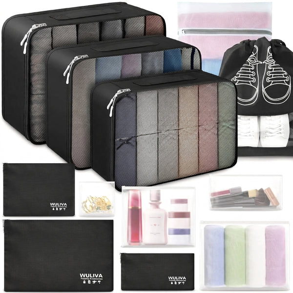 The twelve-piece travel organiser set with mesh cubes, shoe bag and pouches