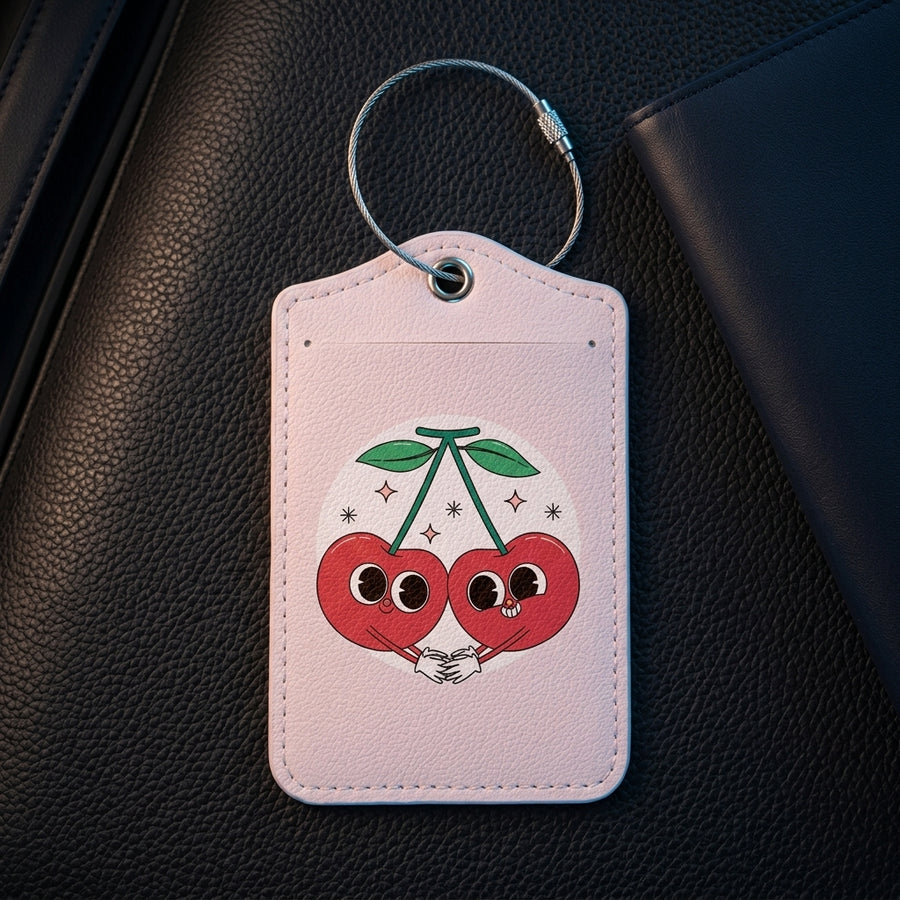 A luggage tag with its cherry motif and key ring