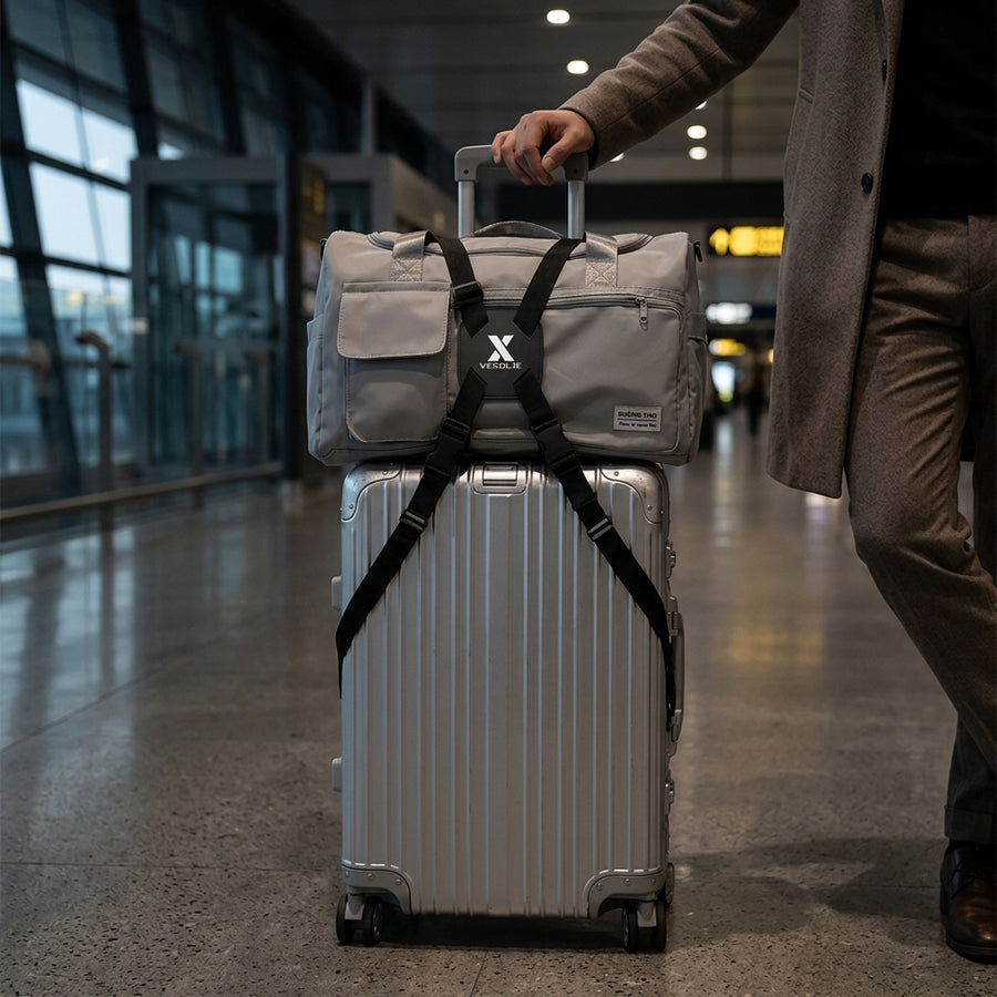 A duffel bag secured to a rolling suitcase with an add-a-bag strap