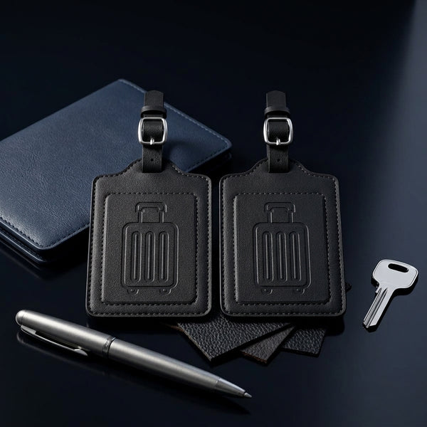Two luggage tags with embossed suitcase detail and buckle straps