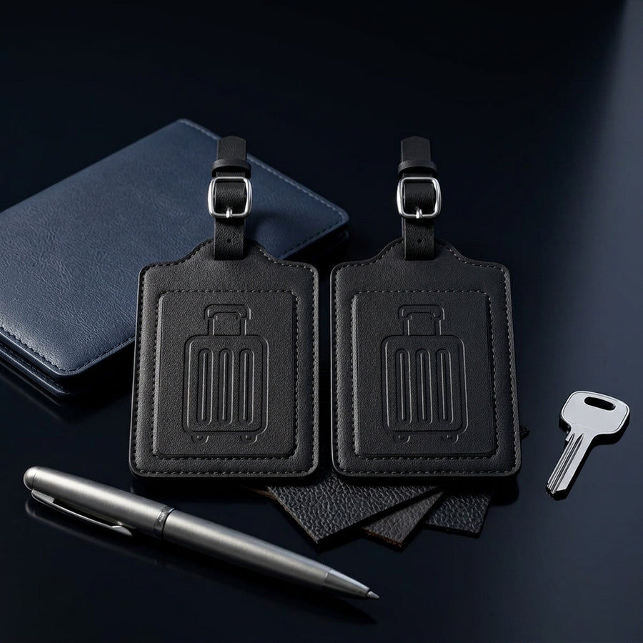 Two luggage tags with embossed suitcase detail and buckle straps