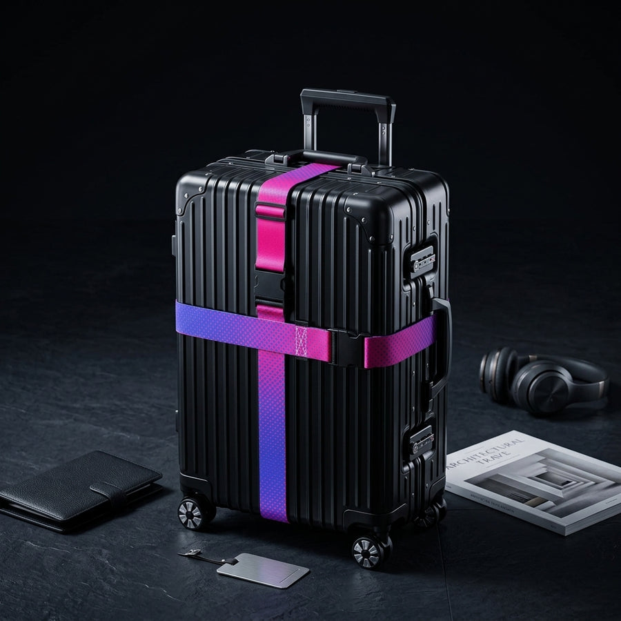 A luggage strap fastened around a hard-shell suitcase