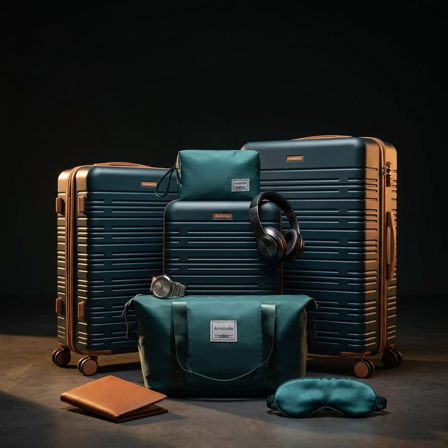 The luggage set with matching travel accessories on a dark background