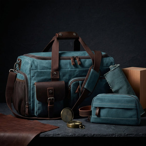 The waxed-canvas weekender with its matching dopp kit on a dark surface