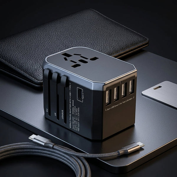 The universal travel adapter on a desk with a cable, folio and phone