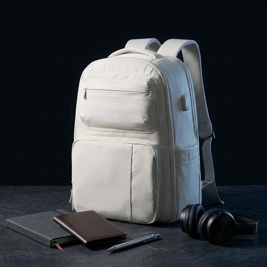 The personal-item backpack in beige with a notebook, pen and headphones