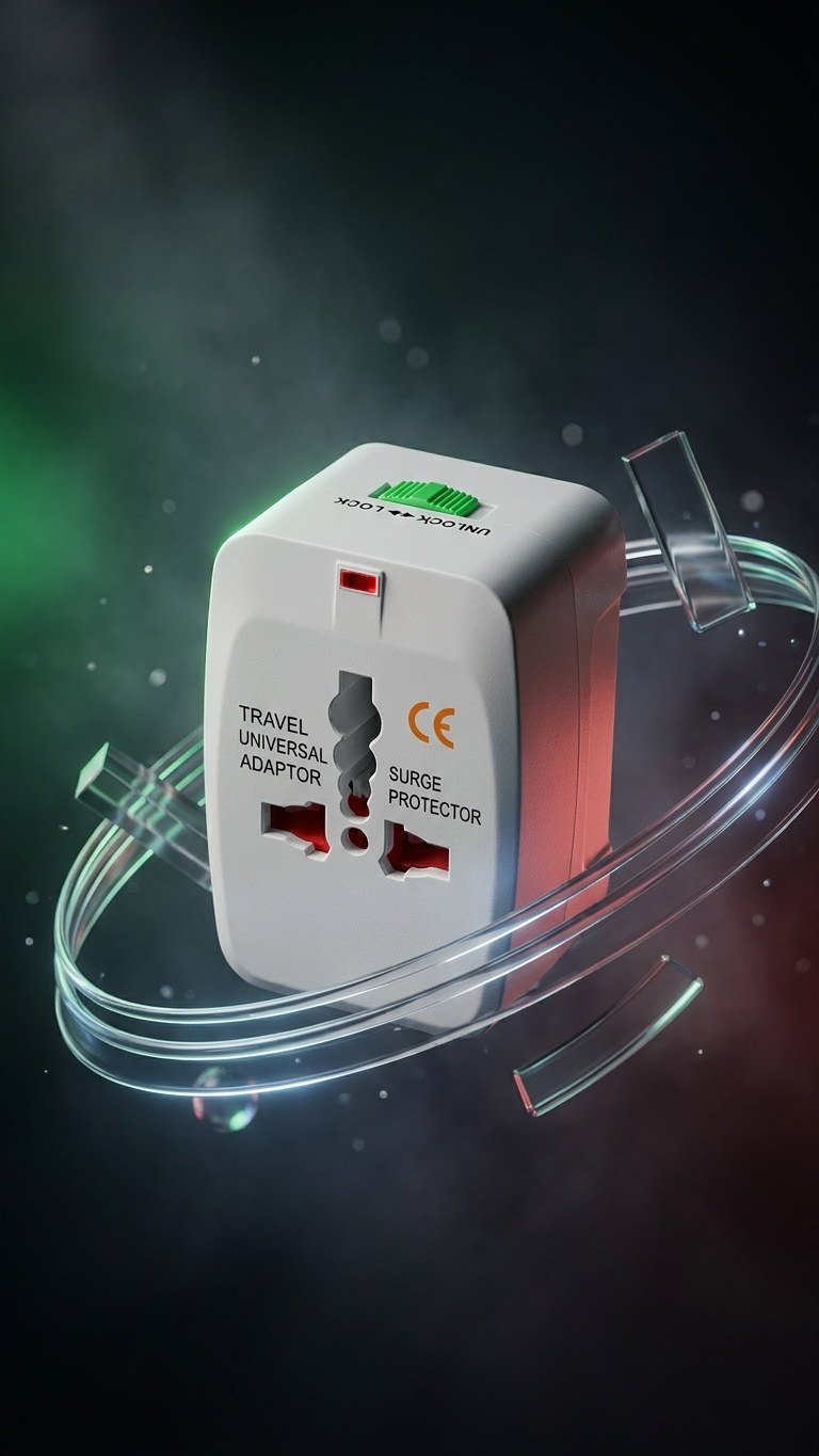 The universal travel adapter with built-in surge protector, studio photograph