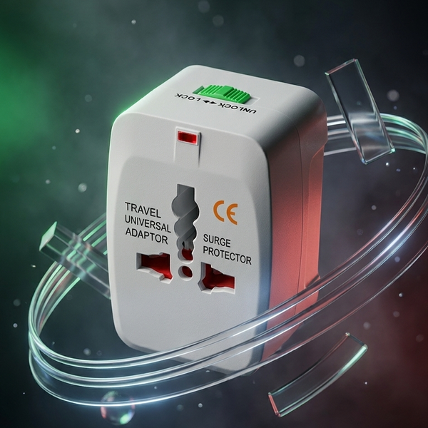 A white universal travel adapter with built-in surge protector and a green logo, shown floating with transparent circular light effects against a dark smoky background.