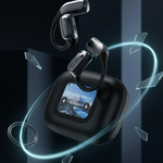 Black wireless earbuds and a matching charging case with a screen display, shown floating with glowing blue rings and glass shard graphics on a dark background.