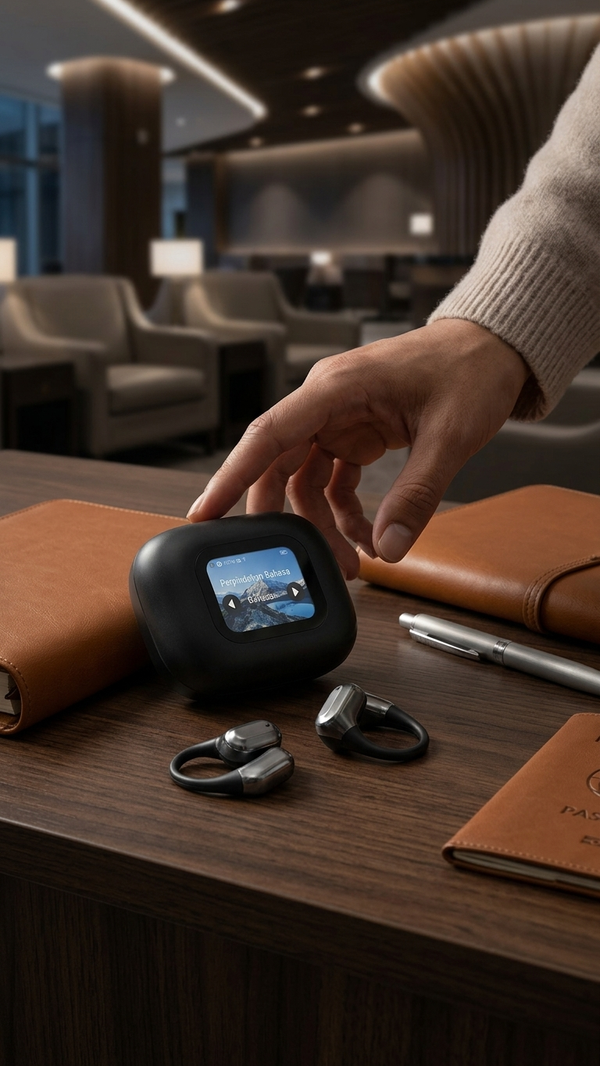 A hand reaching for a translation earbud charging case on a wooden desk