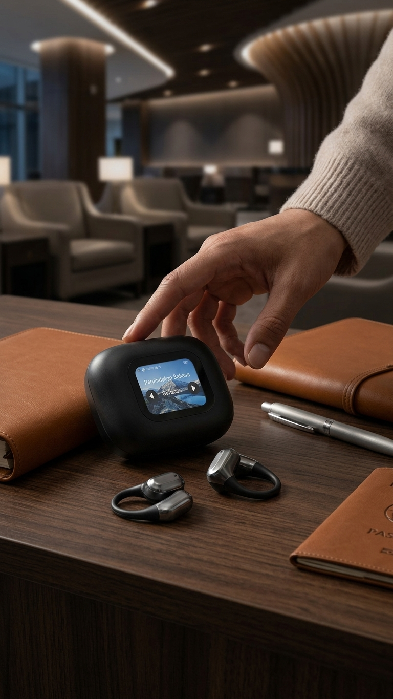 A hand reaching for a translation earbud charging case on a wooden desk
