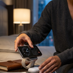 A person in a dark gray sweater uses a smartphone on a white wireless charging stand on a wooden bedside table in a modern bedroom setting.