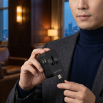 A man in a gray blazer and navy turtleneck holds a black multi-plug travel adapter with a USB-C cable in a warmly lit indoor setting.
