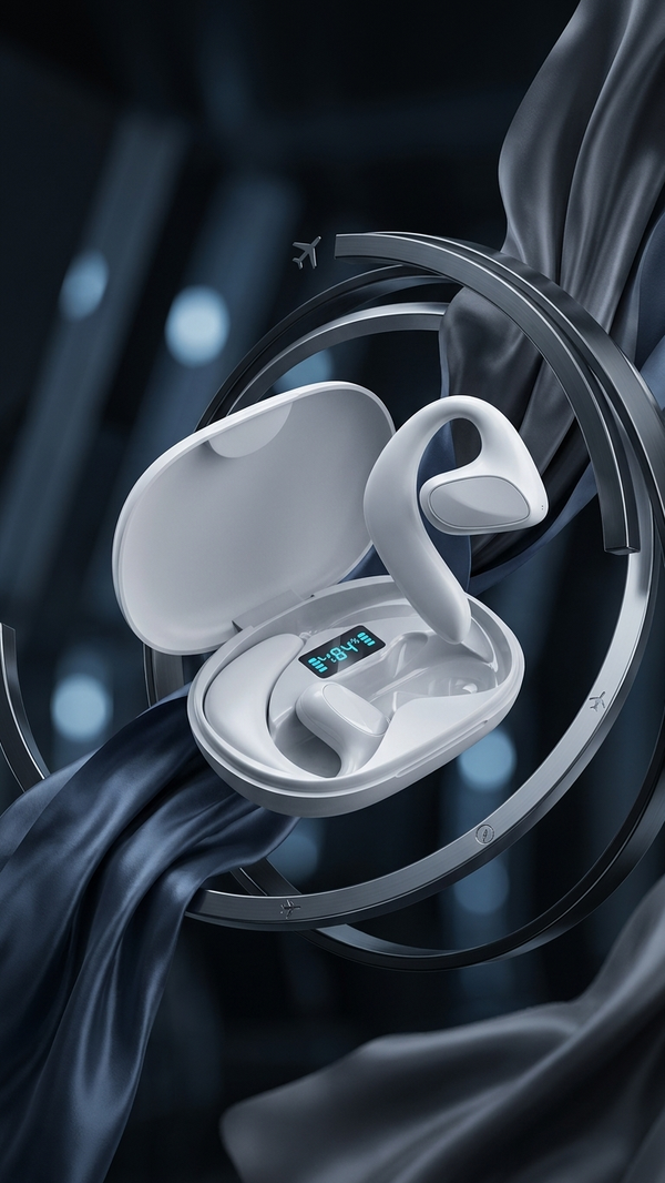 Translation earbuds in their open charging case, studio photograph