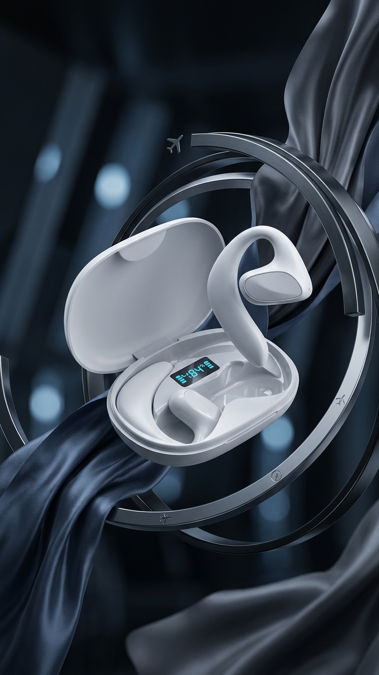 Translation earbuds in their open charging case, studio photograph