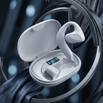 White wireless earbuds in an open oval charging case, shown floating against a dark blue and black abstract background with draped fabric and circular metallic rings.