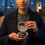 A woman in a dark navy blazer and gray sweater holds an open black and gray wireless earbud case. The case has a visible circular logo badge that reads 'Sennheiser'.