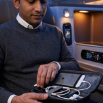 A man in a gray sweater sits in an airplane seat holding an open black zip case with white cables and a white device inside, with airplane cabin lighting visible in the background.