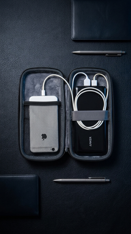 A black zippered portable charging case opened flat on a dark textured surface, containing a white power bank on the left and a black power bank on the right with white cables. The case is styled with pens and a leather notebook around it.