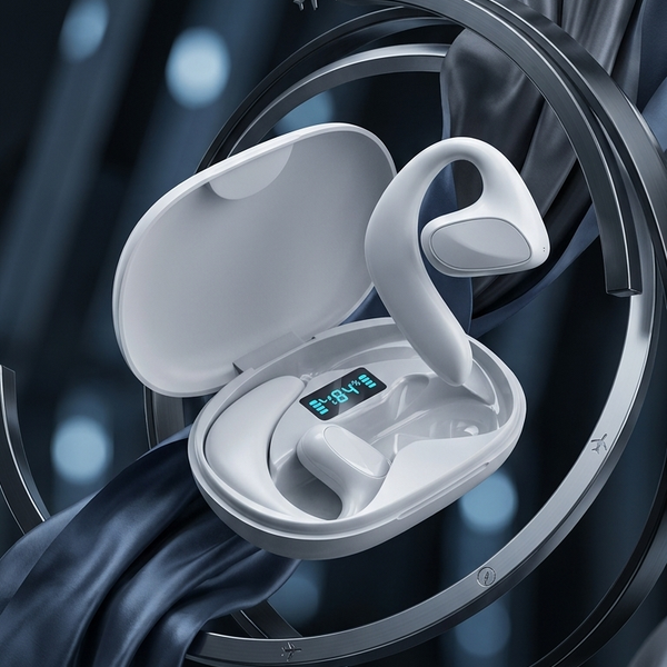 White wireless earbuds in an open oval charging case, shown floating against a dark blue and black abstract background with draped fabric and circular metallic rings.