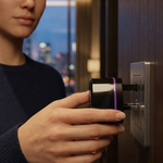 A woman in a dark navy sweater holds a black electronic key fob with a purple accent strip against a modern wall-mounted electronic lock on a dark wood door.