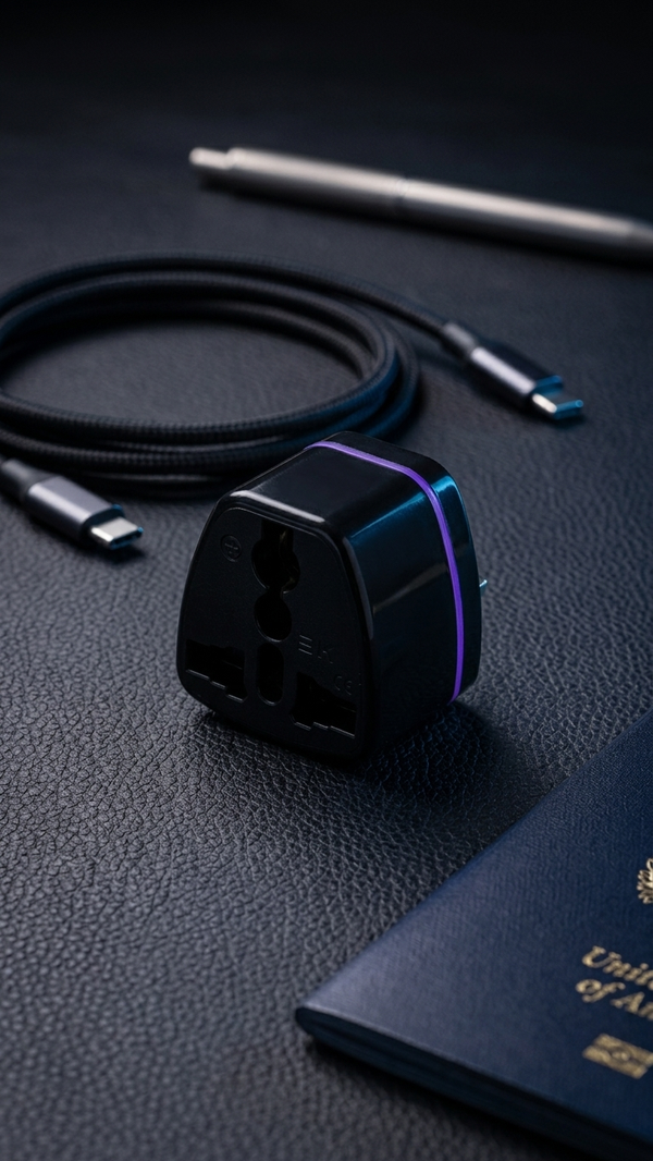 The travel adapter with a USB-C cable, stylus and passport on a dark surface
