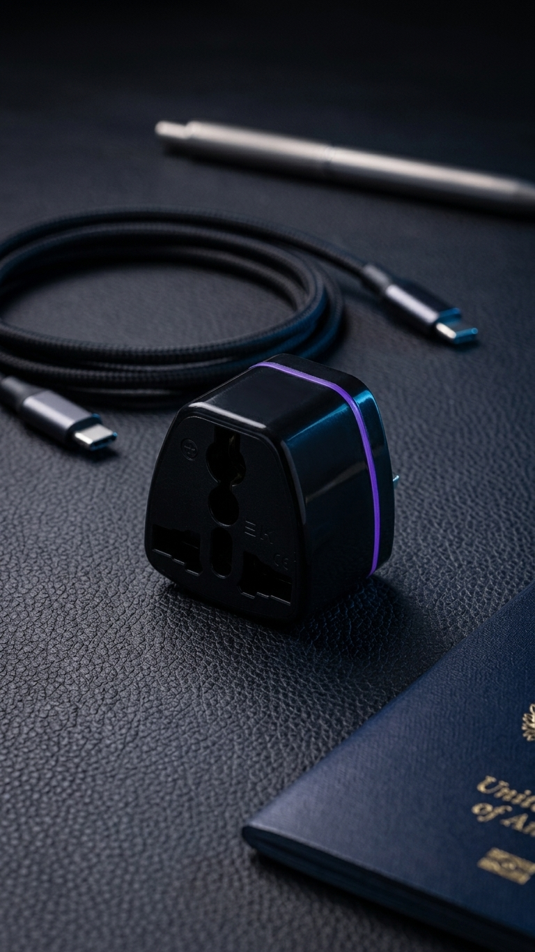 The travel adapter with a USB-C cable, stylus and passport on a dark surface
