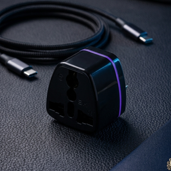 A black universal travel adapter with a purple accent band, shown next to a coiled black USB-C cable, a silver stylus, and a blue passport on a dark textured surface.