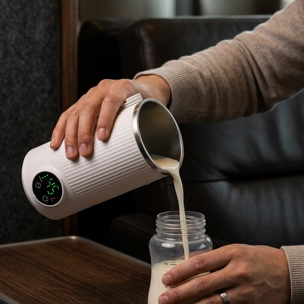 A person pours milk from a white ribbed electric milk pitcher with a digital display, into a clear baby bottle, set on a wooden table in a modern interior.